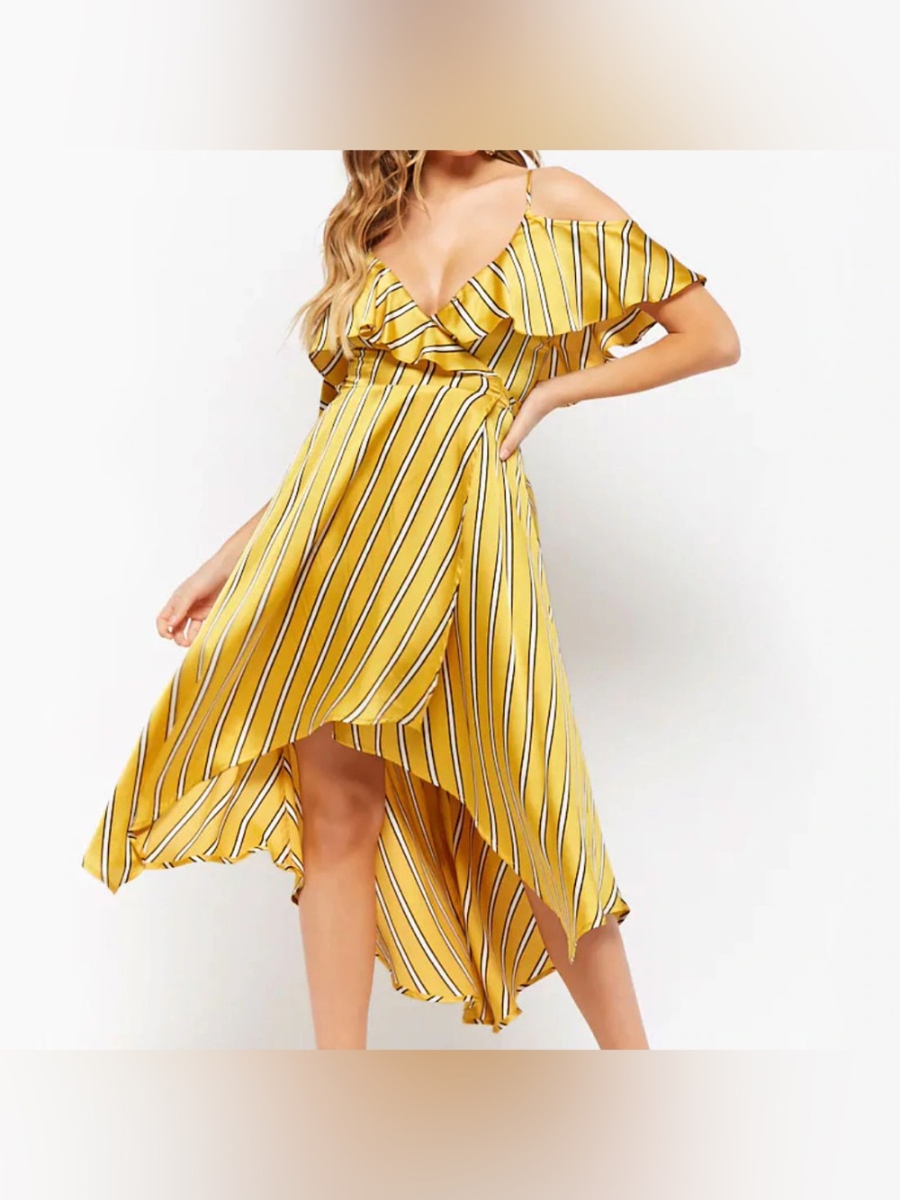 High-low cold shoulder ruffled wrap dress by Flying Tomato (A. Calin)